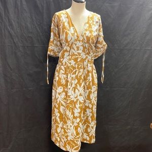 Ava & Viv Midi Dress Floral Short Sleeve Drawstring Shoulder Tan Blue